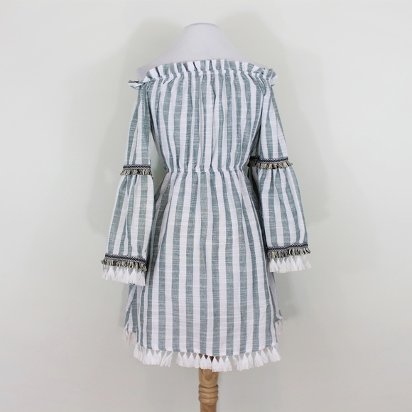 New Cotton Boho Fringe Stripe Dress Green White XS - Picture 6 of 7